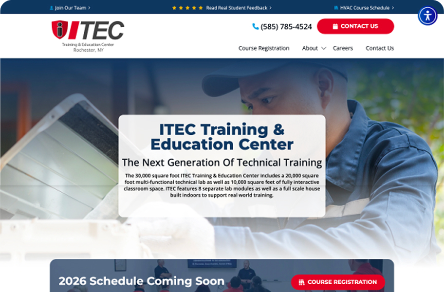 The website header for ITEC Training & Education Center in Rochester, NY. It shows a technician working on an HVAC unit. The text describes a 30,000-square-foot facility with technical labs and a "2026 Schedule Coming Soon" banner.