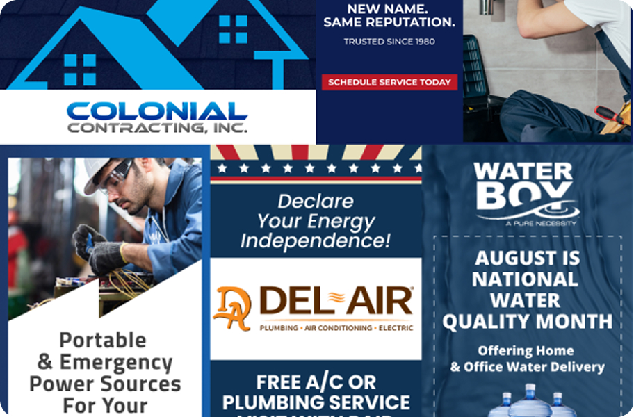 A grid of various digital advertisements for home services. Includes Colonial Contracting (roofing), Del-Air (AC and plumbing) with an "Energy Independence" theme, and Water Boy (water delivery) celebrating National Water Quality Month.